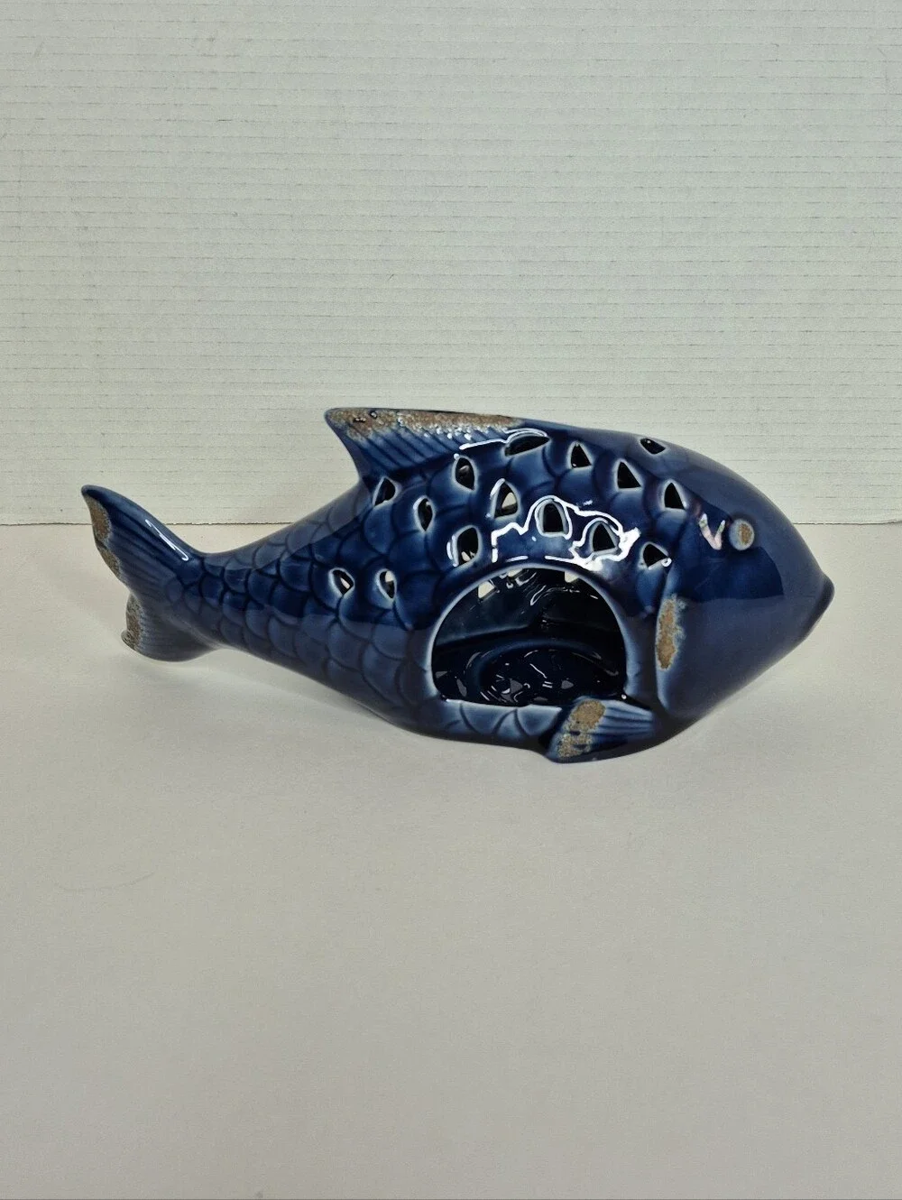 Pier 1 Vintage Cobalt Blue Ceramic Large Fish Tealight Candleholder NWT Rare